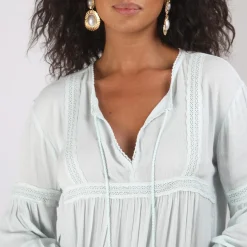 Blouse manches longues en viscose et bas élastiqués dentelle femme - Bleu