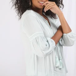 Blouse manches longues en viscose et bas élastiqués dentelle femme - Bleu