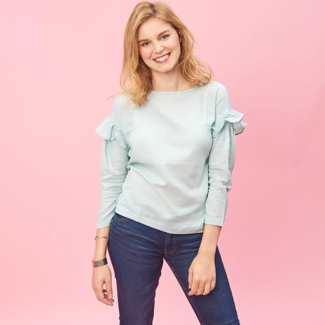 Blouse manches longues et volants femme - Vert en coton