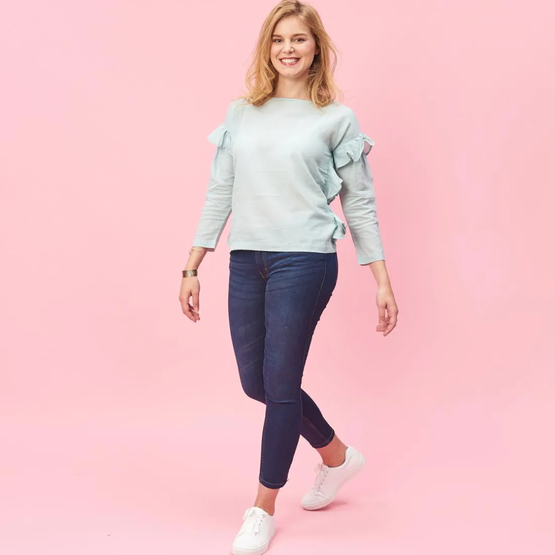 Blouse manches longues et volants femme - Vert en coton