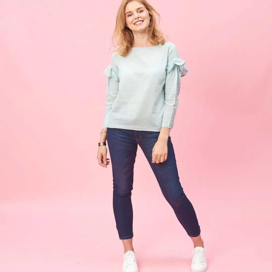 Blouse manches longues et volants femme - Vert en coton