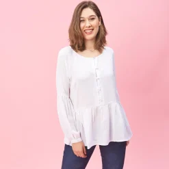 Blouse manches longues et bas effet froncé femme - Blanc