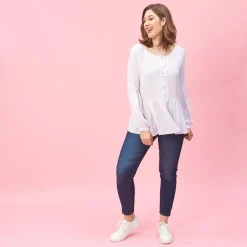 Blouse manches longues et bas effet froncé femme - Blanc