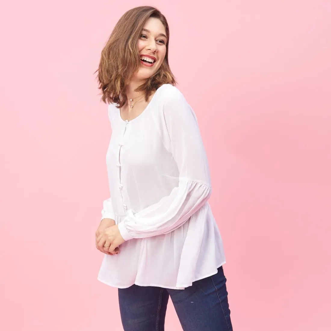 Blouse manches longues et bas effet froncé femme - Blanc