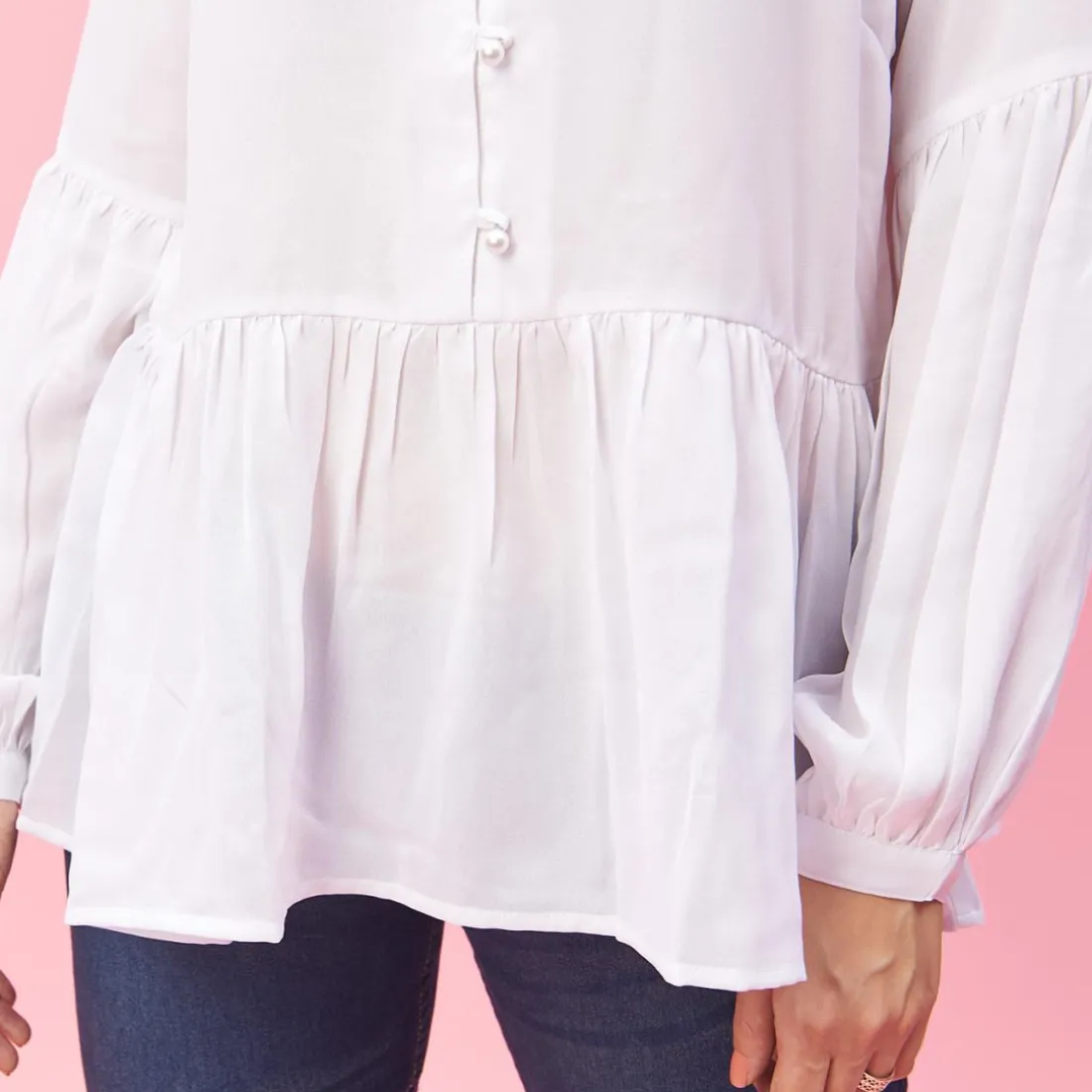 Blouse manches longues et bas effet froncé femme - Blanc