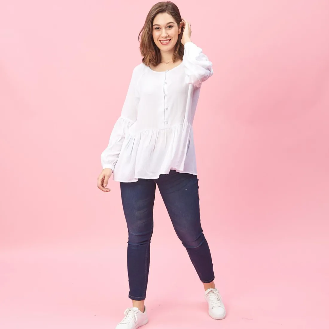 Blouse manches longues et bas effet froncé femme - Blanc