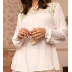 Blouse manches longues élastiquées fronces et broderie femme - écru blanc en viscose