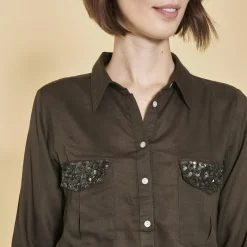 Blouse manches longues poches poitrine avec sequins femme - Kaki en viscose