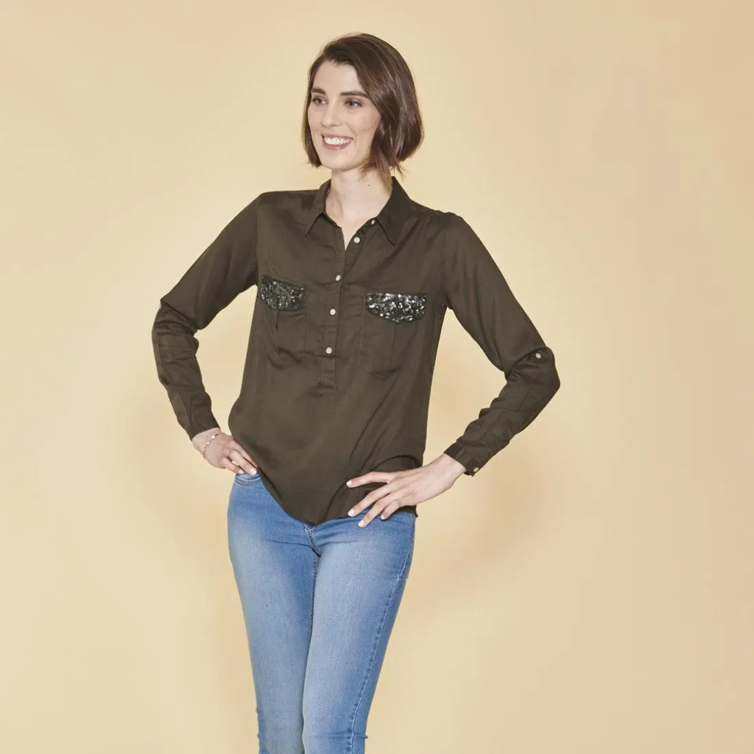 Blouse manches longues poches poitrine avec sequins femme - Kaki en viscose