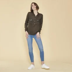 Blouse manches longues poches poitrine avec sequins femme - Kaki en viscose