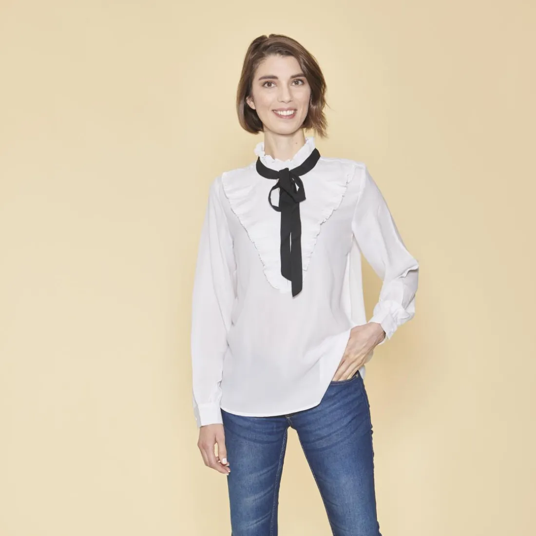 Blouse manches longues volants plissés et ruban contrasté femme - Blanc
