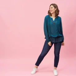 Blouse plis broderie volant manches longues femme - Bleu Pétrole en viscose