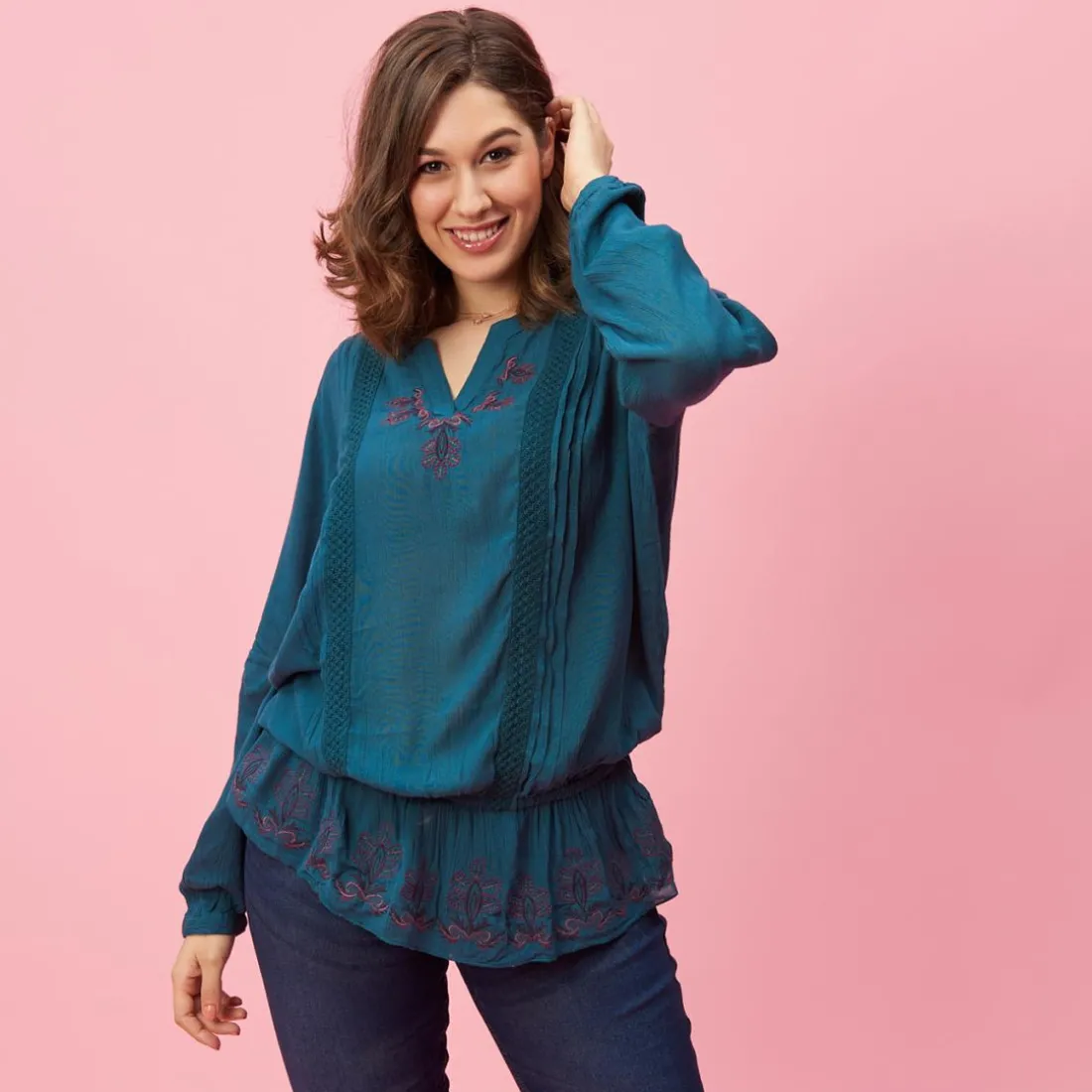 Blouse plis broderie volant manches longues femme - Bleu Pétrole en viscose