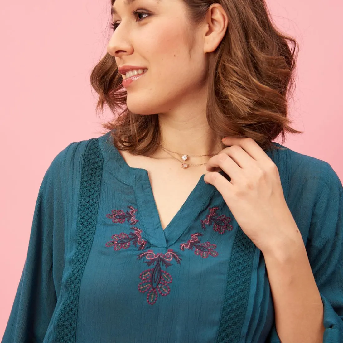 Blouse plis broderie volant manches longues femme - Bleu Pétrole en viscose