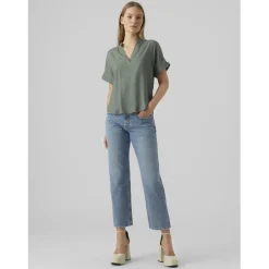 Blouse poignets repliés col fendu manches larges manches courtes vert en viscose Ida