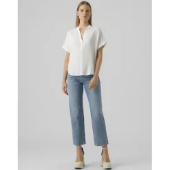 Blouse poignets repliés col fendu manches larges manches courtes blanc en viscose Lise