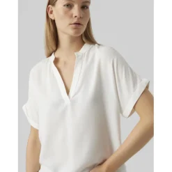 Blouse poignets repliés col fendu manches larges manches courtes blanc en viscose Lise