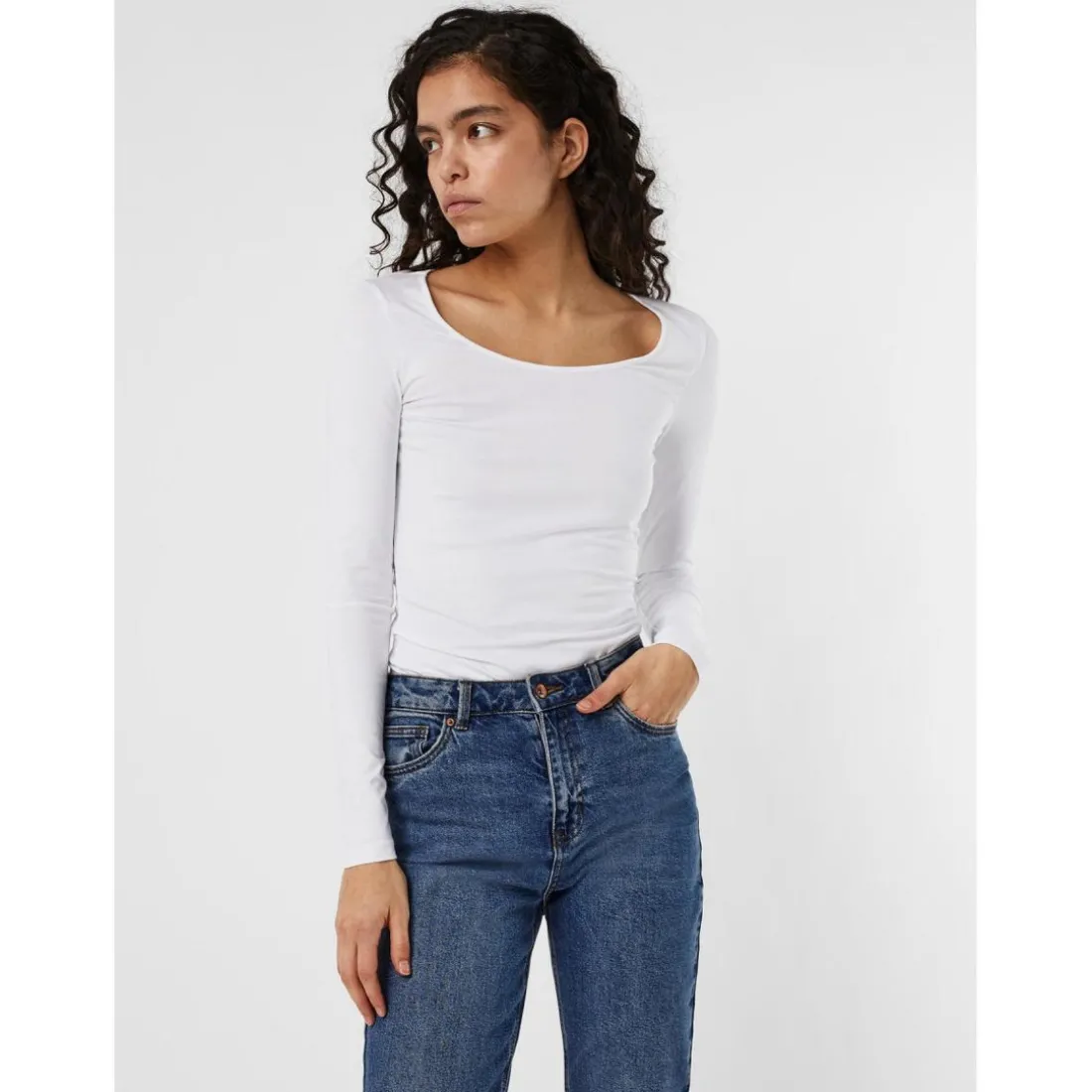 Blouse Regular Fit Col en U Manches longues Extra long blanc