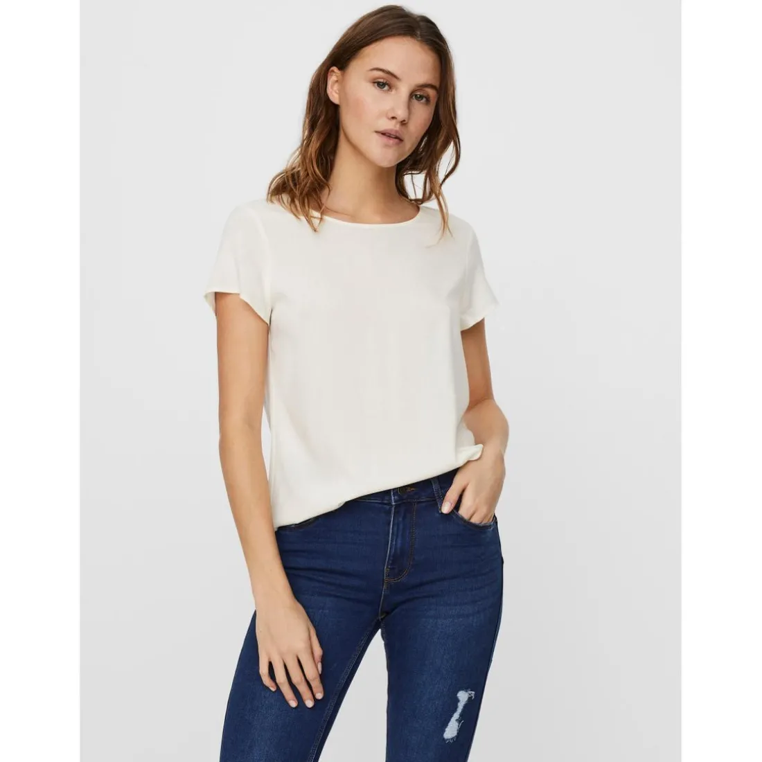 Blouse Regular Fit Col rond Manches courtes Longueur regular blanc en viscose
