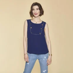 Blouse Sans Manche Rubans Et B bleu en coton