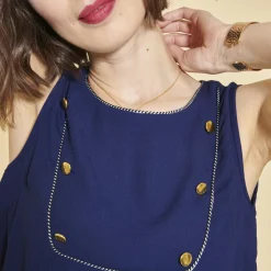 Blouse Sans Manche Rubans Et B bleu en coton