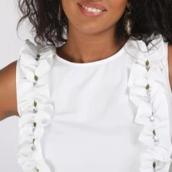 Blouse sans manches volants et pierres femme - écru blanc