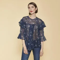 Blouse semi-transparente manches 3/4 volants ouverture dos femme - Imprimé Bleu Marine