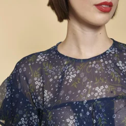 Blouse semi-transparente manches 3/4 volants ouverture dos femme - Imprimé Bleu Marine