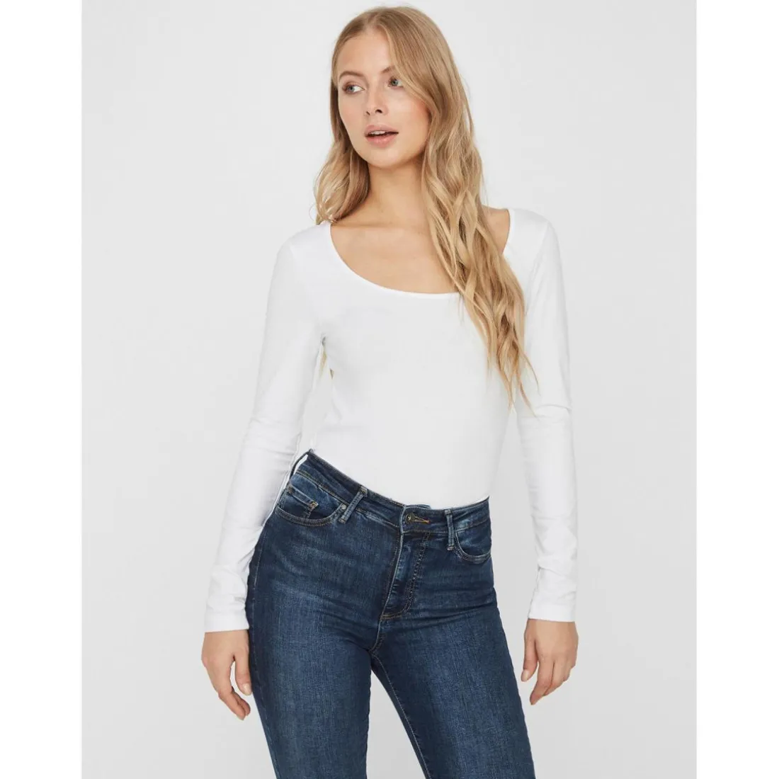 Blouse Slim Fit Col en U Manches longues blanc