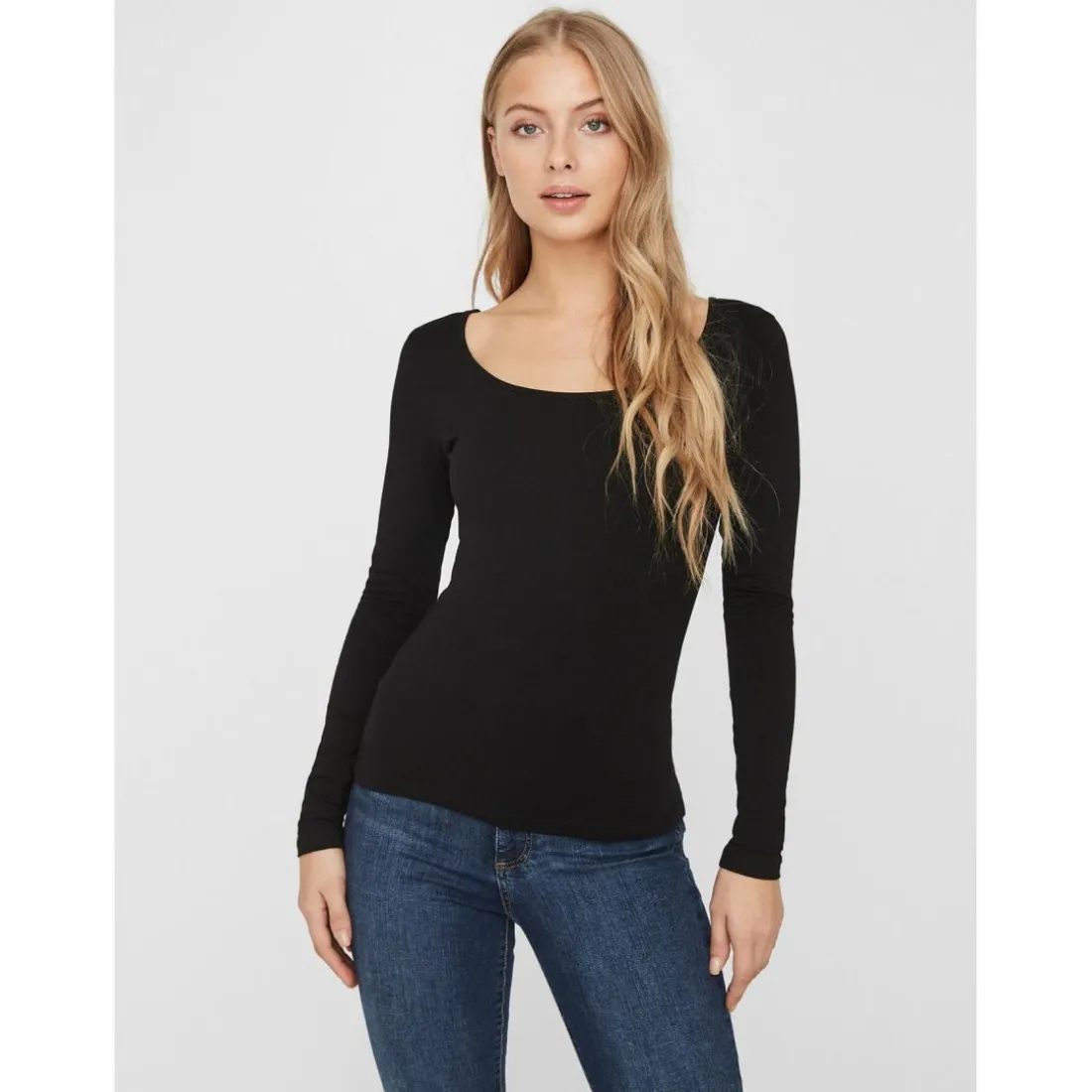 Blouse Slim Fit Col en U Manches longues Longueur regular noir