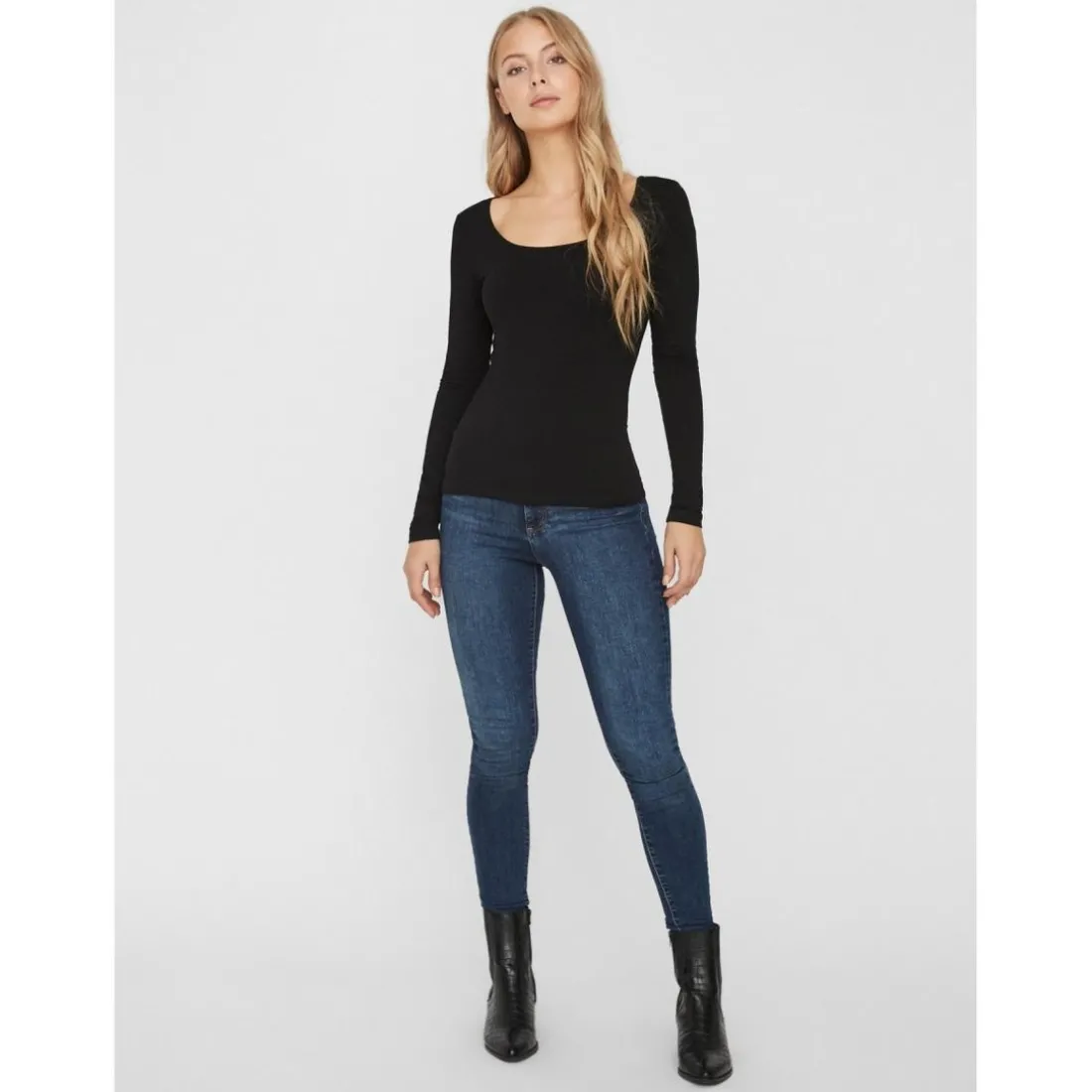 Blouse Slim Fit Col en U Manches longues Longueur regular noir