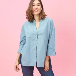 Blouse unie asymétrique fendue manches 3/4 femme - Bleu Ciel