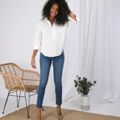 Blouse unie col V manches 3/4 et pli central femme - écru blanc