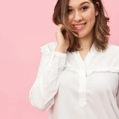 Blouse volants manches longues asymétrique femme - Blanc