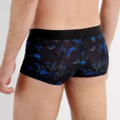 Boxer noir avec motif feuille bleu