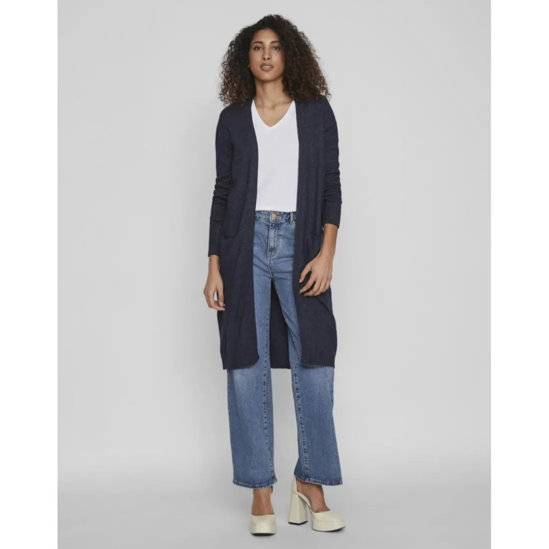 Cardigan col fendu poignets côtelés bleu en viscose Pey