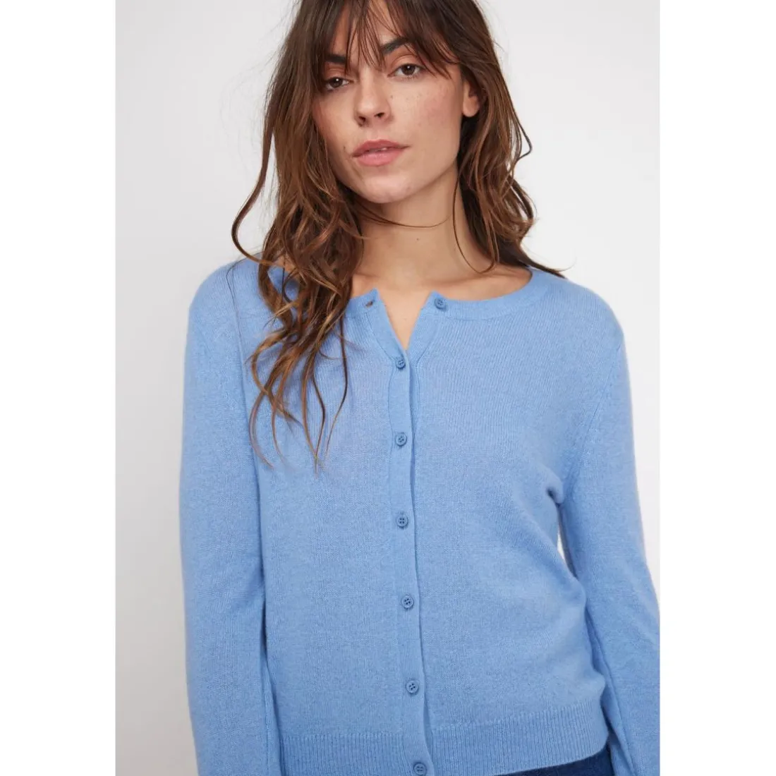 Cardigan col rond femme ZIKA en cachemire bleu ciel