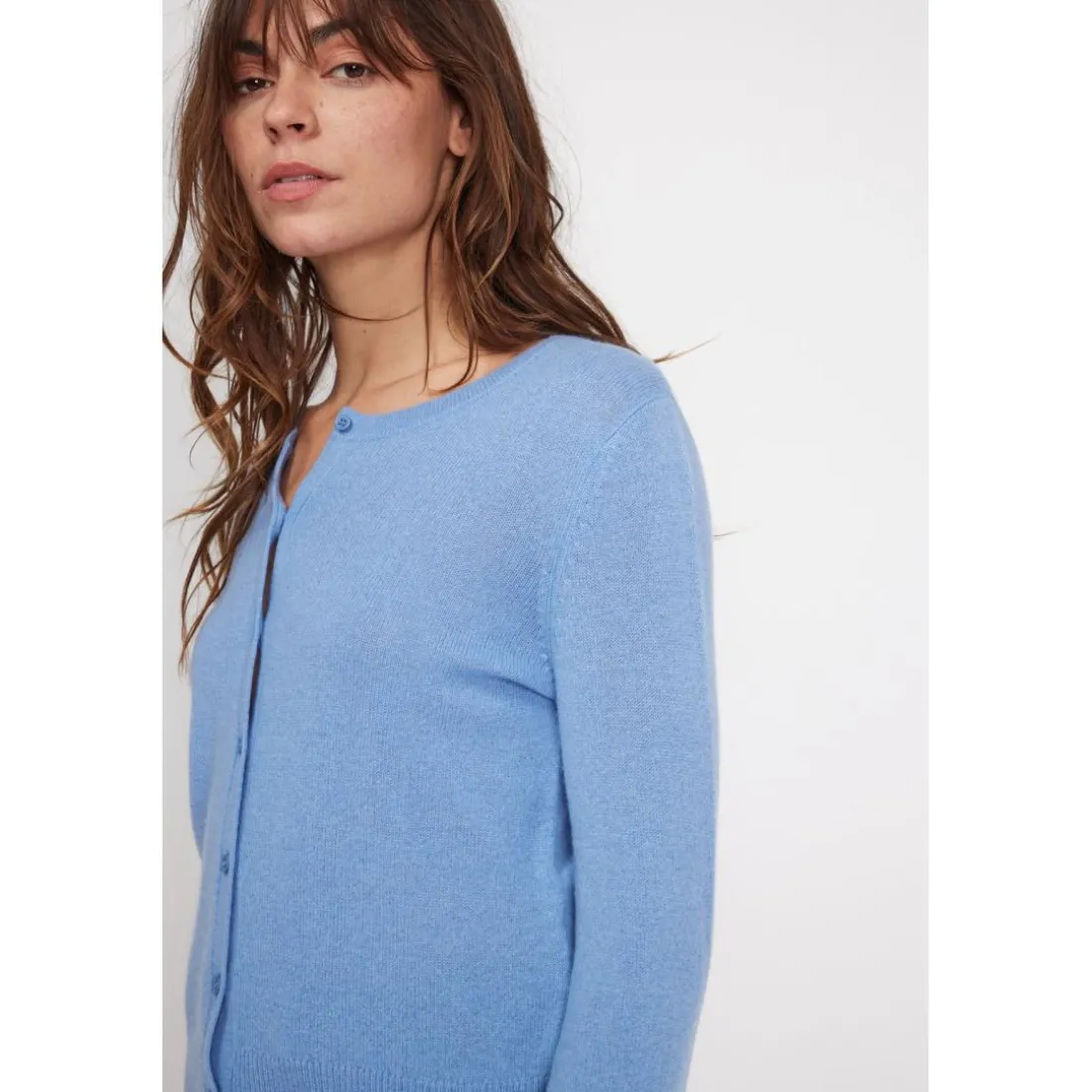 Cardigan col rond femme ZIKA en cachemire bleu ciel