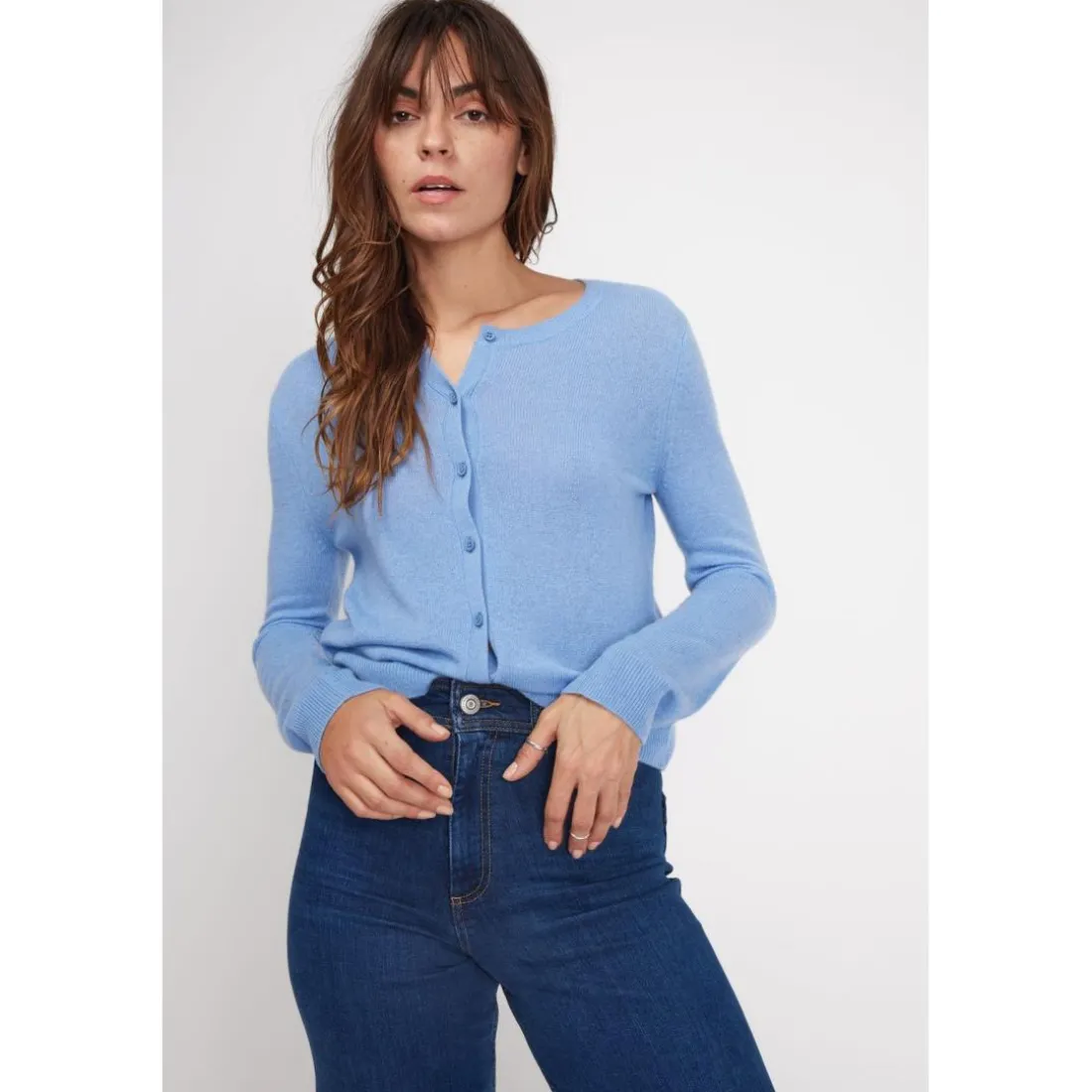 Cardigan col rond femme ZIKA en cachemire bleu ciel