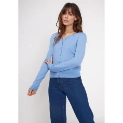 Cardigan col rond femme ZIKA en cachemire bleu ciel