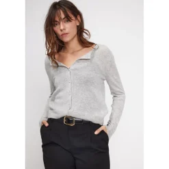 Cardigan col rond femme ZIKA en cachemire gris perle
