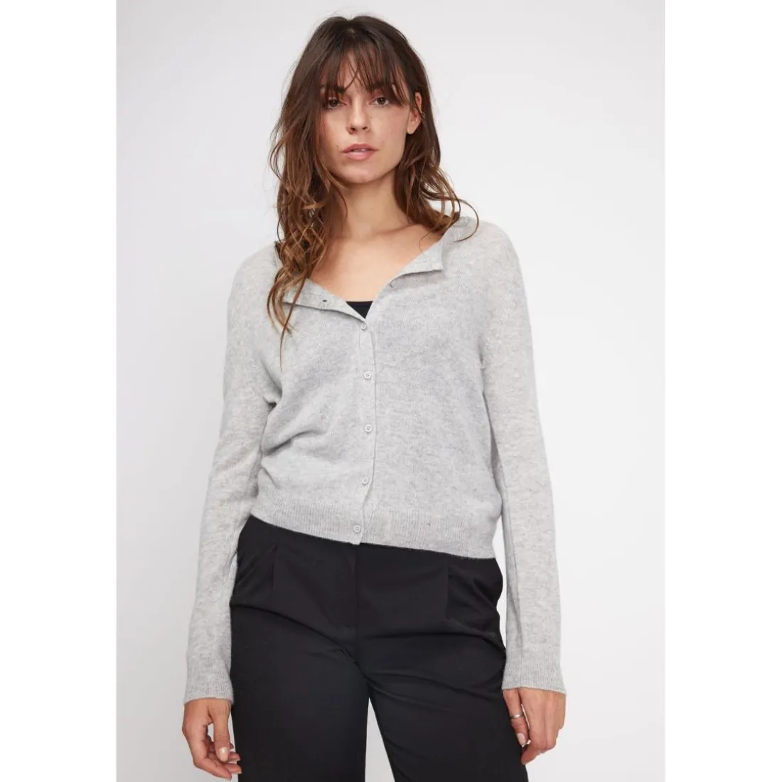 Cardigan col rond femme ZIKA en cachemire gris perle