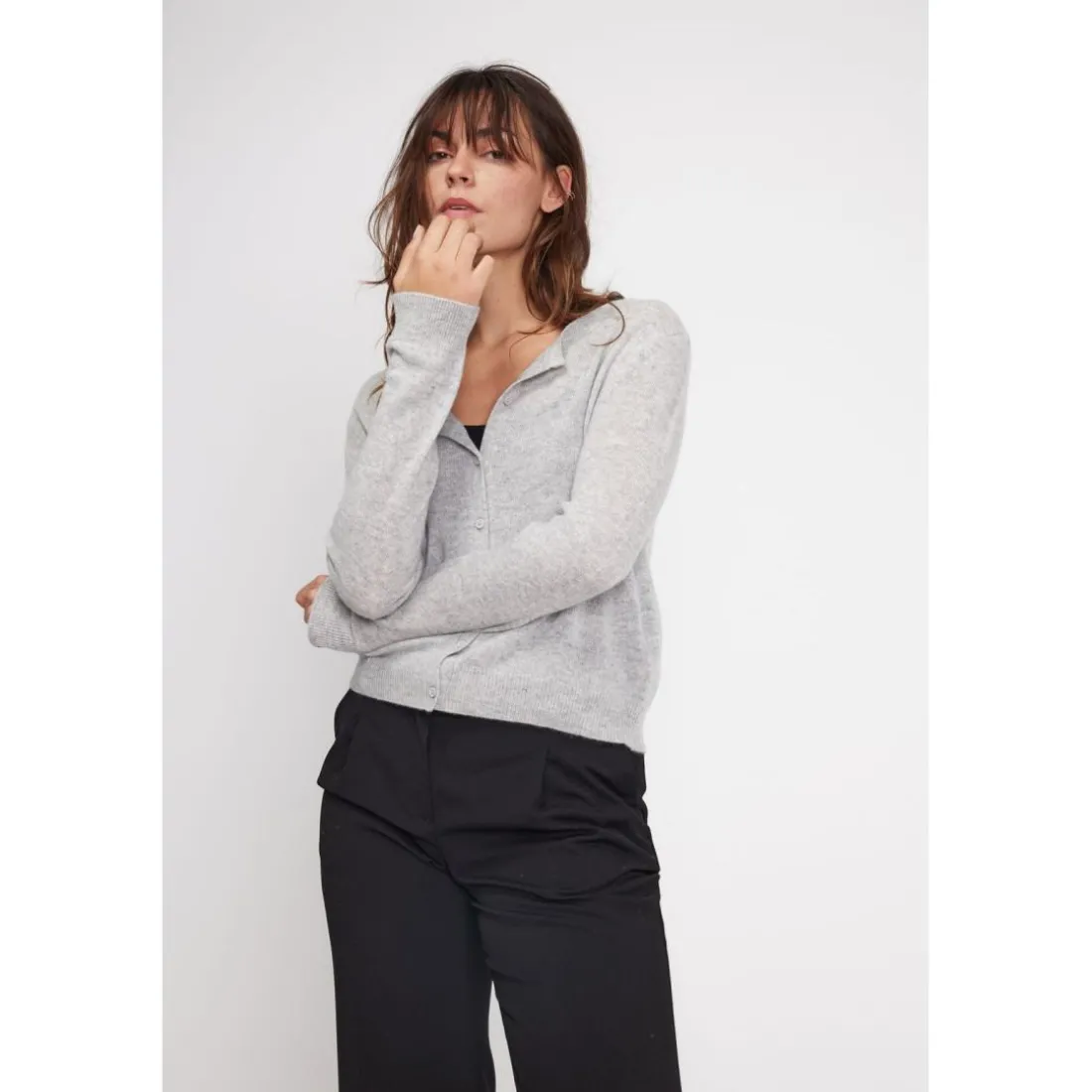 Cardigan col rond femme ZIKA en cachemire gris perle