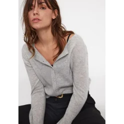 Cardigan col rond femme ZIKA en cachemire gris perle
