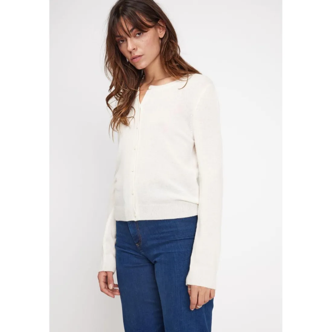 Cardigan col rond femme ZIKA en cachemire ecru