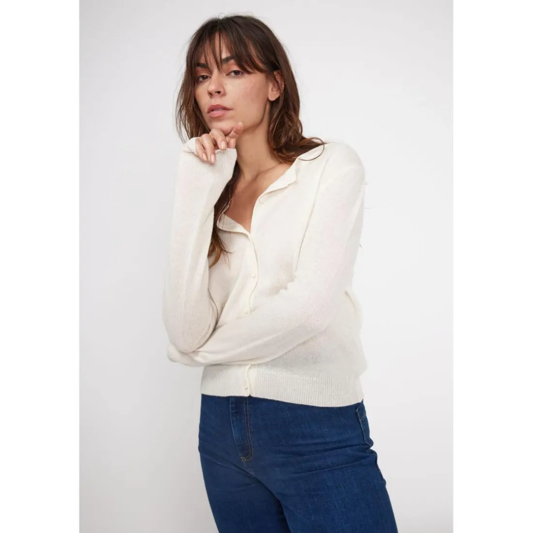 Cardigan col rond femme ZIKA en cachemire ecru