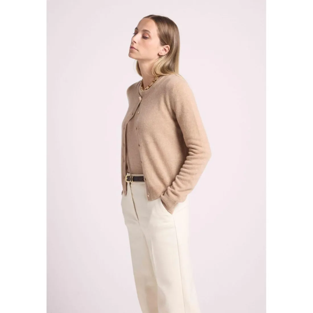 Cardigan col rond femme ZIKA en cachemire new beige creme