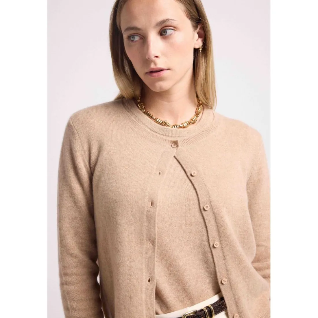Cardigan col rond femme ZIKA en cachemire new beige creme