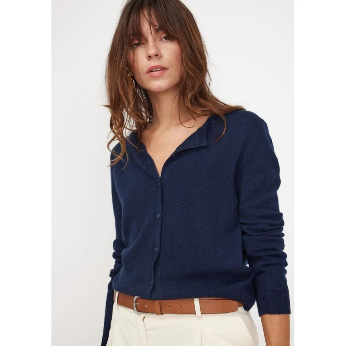 Cardigan col rond femme ZIKA en cachemire bleu marine