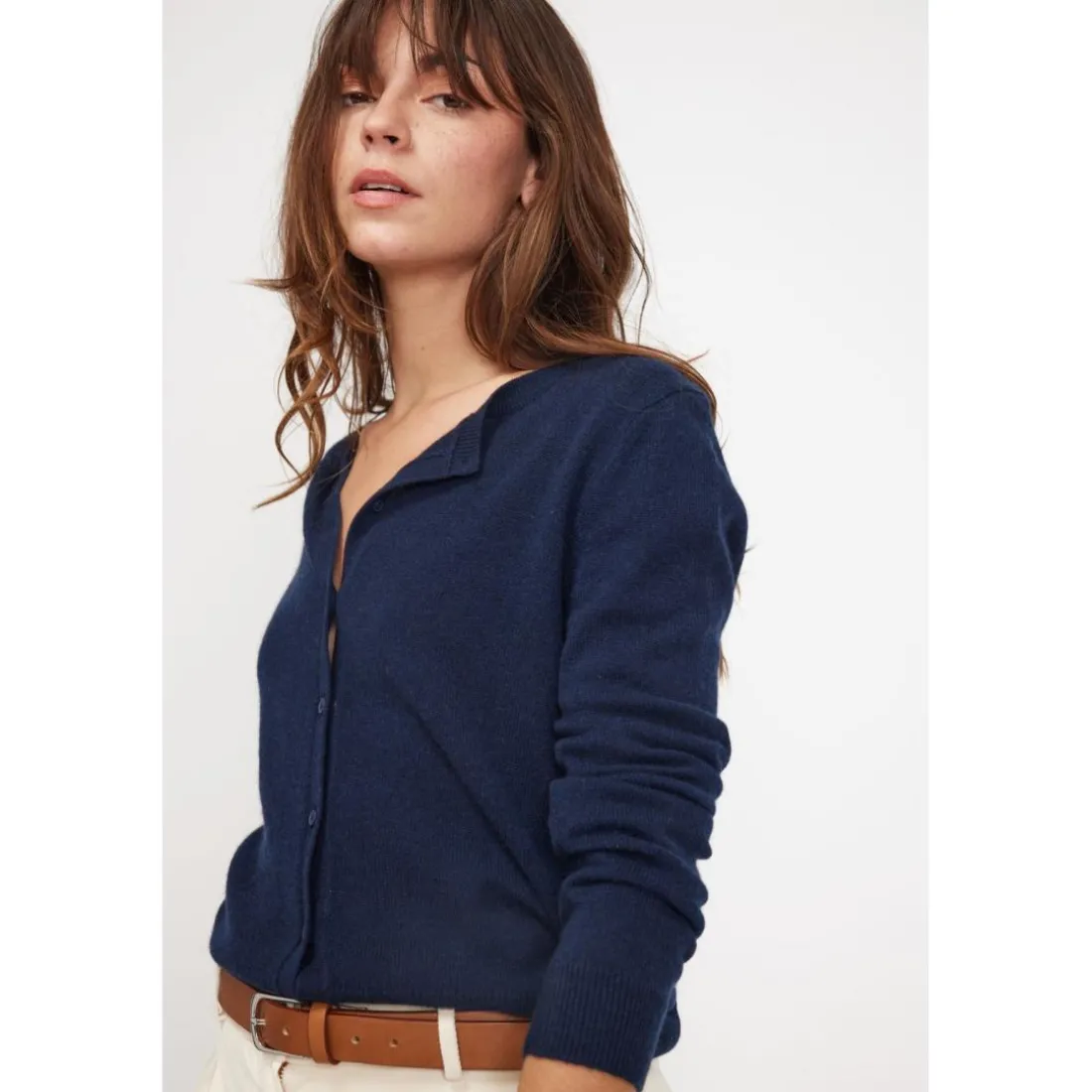 Cardigan col rond femme ZIKA en cachemire bleu marine